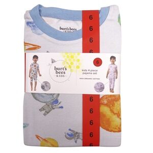 Burts Bees Kids 4 Piece Pajama Set Size 6 Organic Cotton Space Rocket Blue NWT